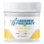Cannabis Pharmacy 60-count Weed Cake THC Gummies jar labeled Delta-9 THC+ with 720mg total and 12mg per gummy.