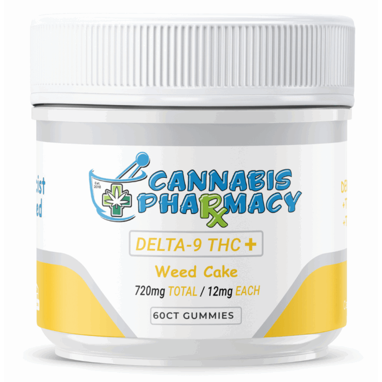 Cannabis Pharmacy 60-count Weed Cake THC Gummies jar labeled Delta-9 THC+ with 720mg total and 12mg per gummy.
