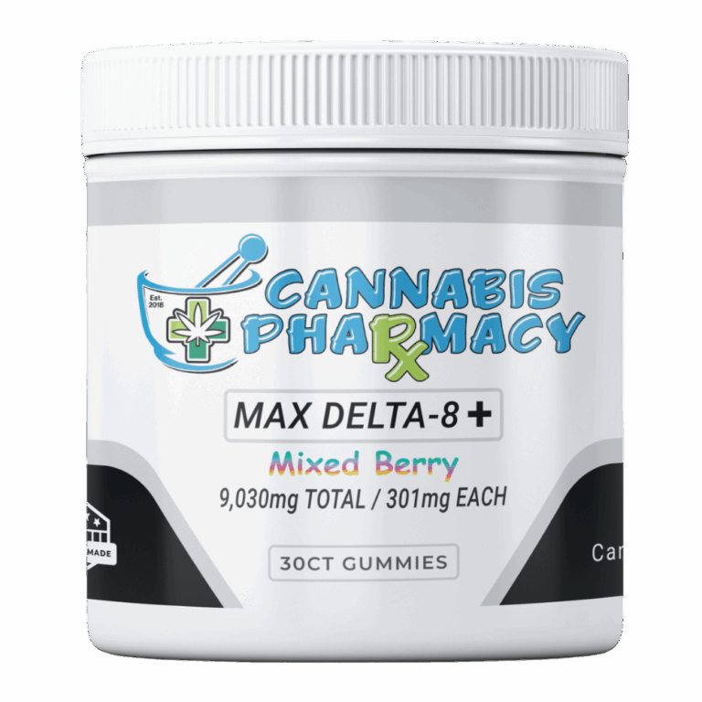 Cannabis Pharmacy Heavyweight Delta8 Max Gummies 30 count - Mixed Berry flavor with 250mg Delta 8, 50mg CBD, and 1mg THCP