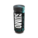Angled view of Half Bak’d Baja Burst Sumo Gummies bottle showing black packaging with bold white "SUMO" text, turquoise flavor tab, and detailed dosage info.