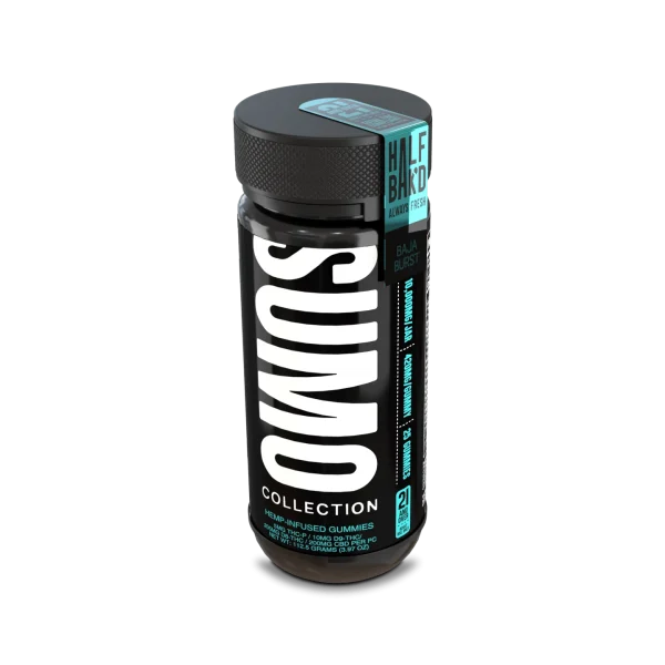 Angled view of Half Bak’d Baja Burst Sumo Gummies bottle showing black packaging with bold white "SUMO" text, turquoise flavor tab, and detailed dosage info.