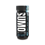 Alt Text: Front view of Half Bak’d Bluematic Razz Sumo Gummies – black cylindrical jar with bold white “SUMO” branding, labeled with 25-count, 10,000mg jar, 420mg per gummy, and THC blend details