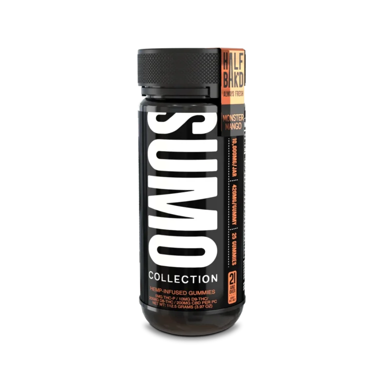 Half Bak’d Monster Mango Sumo Gummies – 25ct | Front of bottle