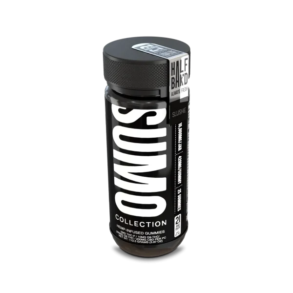 Angled image of the Half Bak’d Slushie Sumo Gummies jar showing vertical SUMO logo and silver flavor tag marked “SLUSHIE.” The label lists 10,000mg total cannabinoids, with 25 gummies per jar.