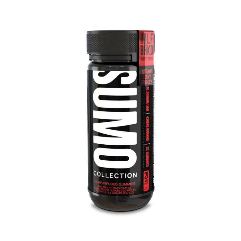 Half Bak’d Strawberry Frenzy Sumo Gummies – High Potency 25ct Jar Angled View
