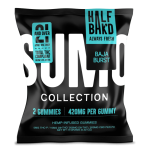 2-count Baja Burst Sumo Gummies pouch by Half Bak’d showing the black and teal packaging with bold “SUMO Collection” branding and cannabinoid content listed.
