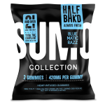 Front pouch of Half Bak’d Bluematic Razz Sumo Gummies – 2ct hemp edibles with 420mg per gummy