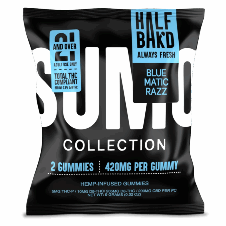 Front pouch of Half Bak’d Bluematic Razz Sumo Gummies – 2ct hemp edibles with 420mg per gummy
