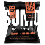 Front pouch of Half Bak’d Monster Mango Sumo Gummies – 2ct hemp edibles with 420mg per gummy