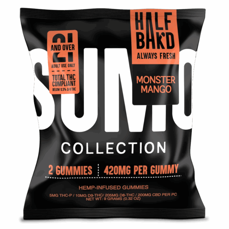 Front pouch of Half Bak’d Monster Mango Sumo Gummies – 2ct hemp edibles with 420mg per gummy