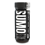 Tall black jar of Half Bak’d Slushie Sumo Gummies with vertical “SUMO” branding and a silver-accented label that reads 10,000mg per jar, 25ct. The white-on-black label features cannabinoid info like 25mg THCP and 10mg D9 per gummy.