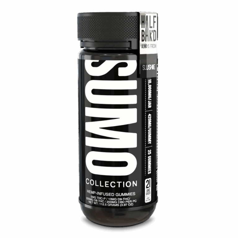 Tall black jar of Half Bak’d Slushie Sumo Gummies with vertical “SUMO” branding and a silver-accented label that reads 10,000mg per jar, 25ct. The white-on-black label features cannabinoid info like 25mg THCP and 10mg D9 per gummy.