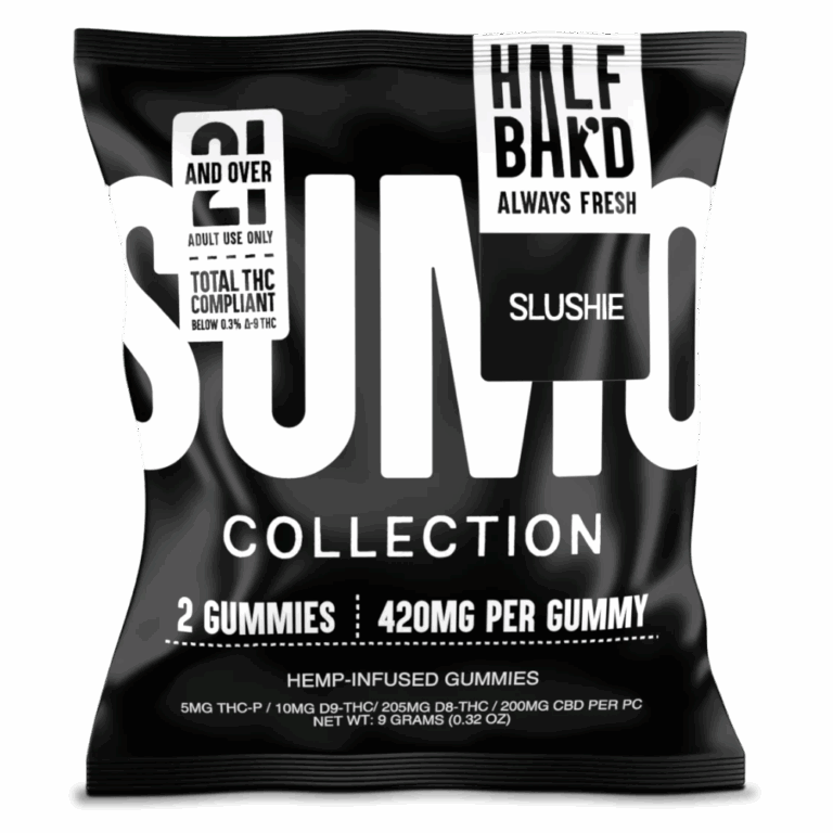 Front pouch of Half Bak’d Slushie Sumo Gummies – 2ct hemp edibles with 420mg per gummy