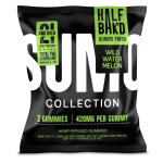 Front pouch of Half Bak’d Wild Watermelon Sumo Gummies – 2 count with green flavor label and 420mg dosage