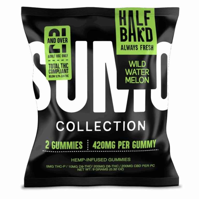Front pouch of Half Bak’d Wild Watermelon Sumo Gummies – 2 count with green flavor label and 420mg dosage
