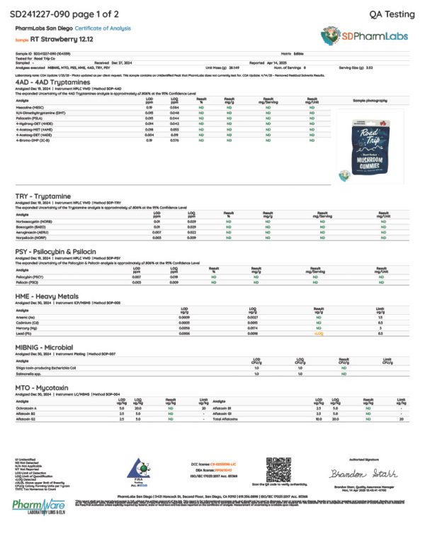 Alt Text: Lab Test Report Page 2 - Road Trip Strawberry Mushroom Gummies - Safety and Compliance Testing
