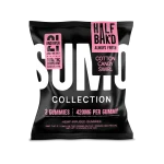 Alt Text: Front view of Half Bak’d 2ct Cotton Candy Swirl Sumo Gummies in a matte black pouch with bold white and pink text.