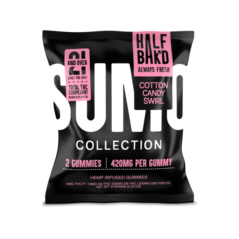 Alt Text: Front view of Half Bak’d 2ct Cotton Candy Swirl Sumo Gummies in a matte black pouch with bold white and pink text.