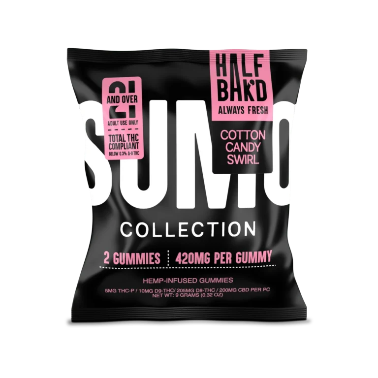 Alt Text: Half Bak’d 2ct Cotton Candy Swirl Sumo Gummies pouch from the Sumo Collection, black bag with white SUMO branding and pink flavor label.