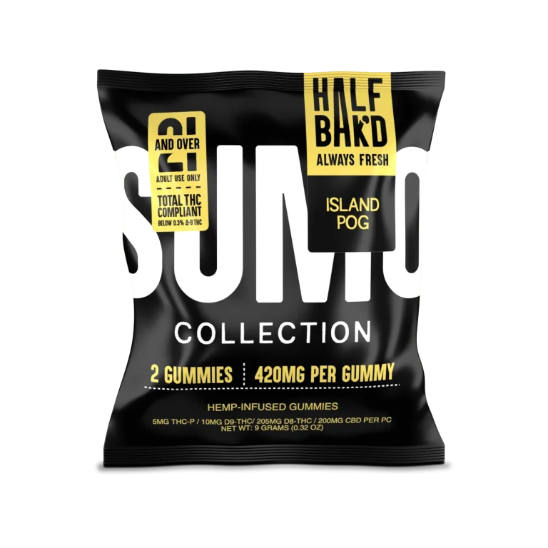 Alt Text: Front view of Half Bak’d Island POG Sumo Gummies 2-count pouch with yellow label and bold SUMO branding.