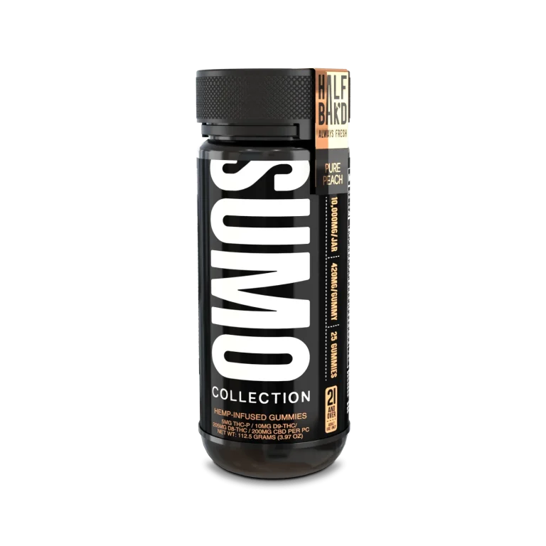 Alt Text: Front-facing view of Half Bak’d Pure Peach Sumo Gummies jar with gold labeling and bold SUMO design.