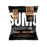 Alt Text: 2-count Pure Peach Sumo Gummies by Half Bak’d in black matte pouch with orange label and bold SUMO branding.