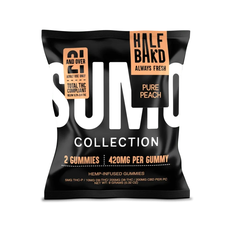 Alt Text: 2-count Pure Peach Sumo Gummies by Half Bak’d in black matte pouch with orange label and bold SUMO branding.