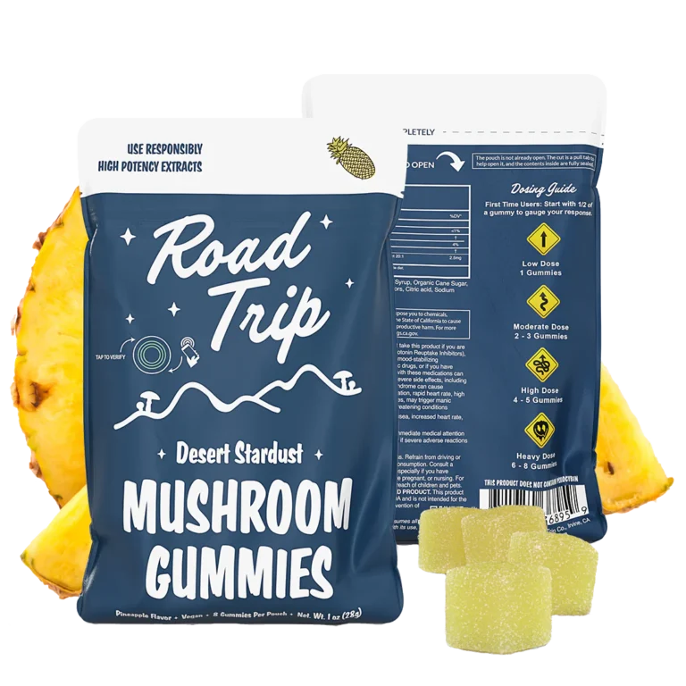 Road Trip Pineapple Mushroom Gummies – front and back of pouch shown with yellow gummies and pineapple slices.
