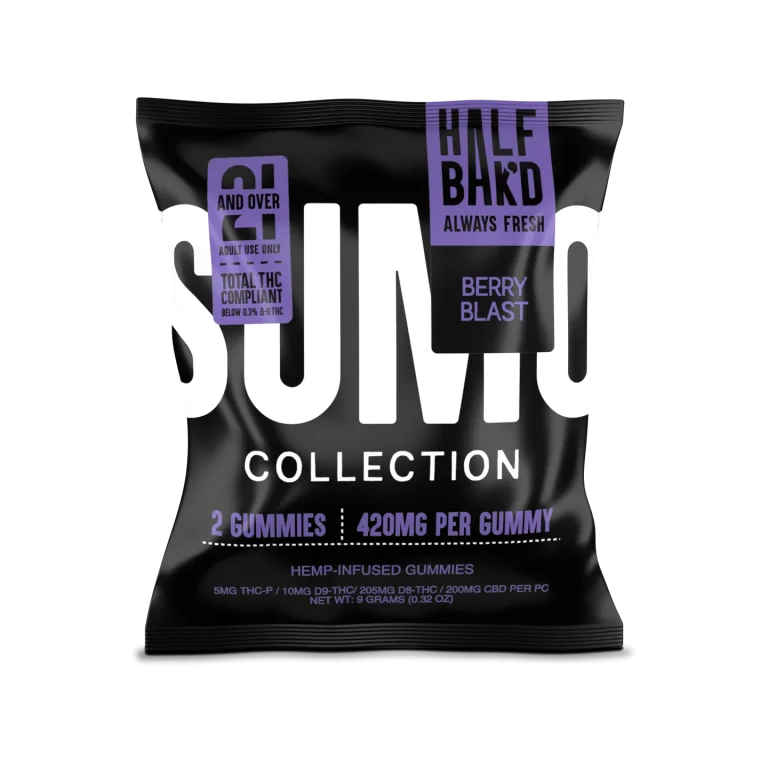 Alt Text: Front view of Half Bak’d 2ct Berry Blast Sumo Gummies bag featuring bold white SUMO branding and purple accents.