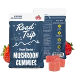 Road Trip Strawberry Mushroom Gummies – front and back of pouch shown with red gummies and strawberries.
