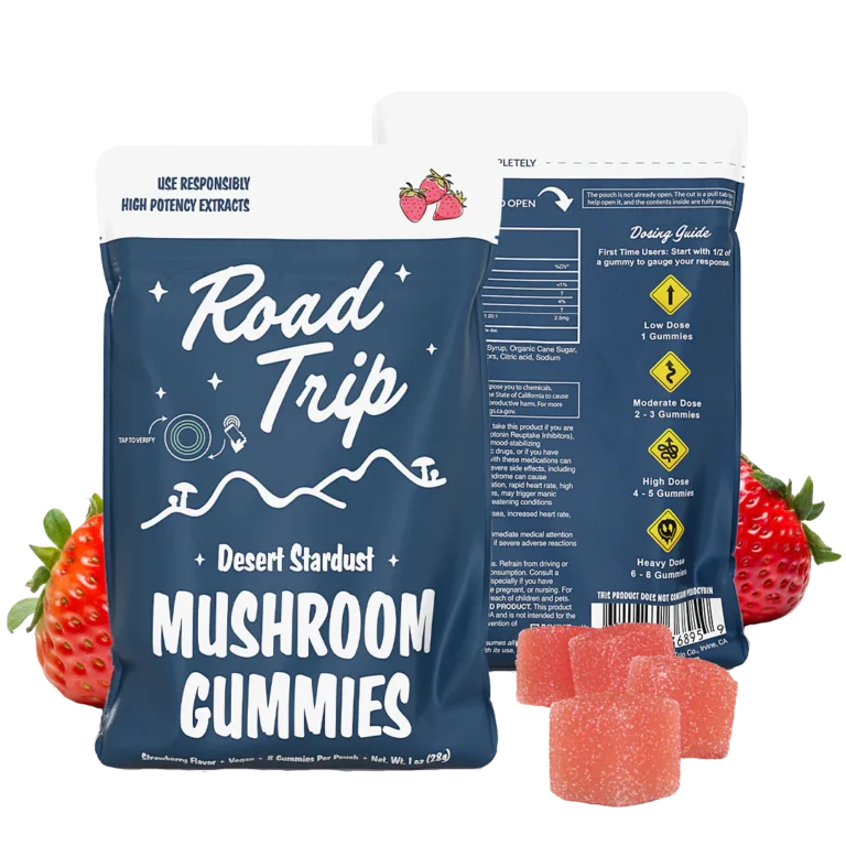 Road Trip Strawberry Mushroom Gummies – front and back of pouch shown with red gummies and strawberries.