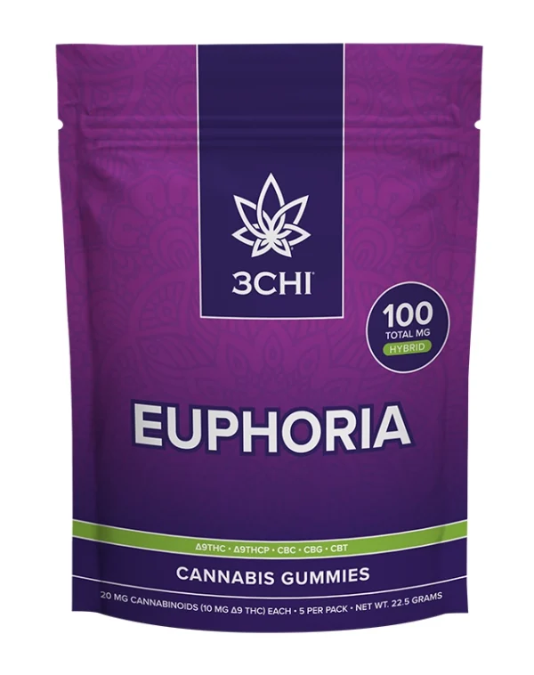 3CHI Strawberry Pink Lemonade Euphoria Gummies hybrid cannabis edible pouch, 100mg total cannabinoids, 20mg per gummy, 5-count pack.