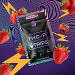 Creating Better Days Strawberry THCP Tabs packaging and promotional images featuring strawberry flavor, 3mg THC-P per tab, 49 tabs per pouch, and product highlights for sublingual use.