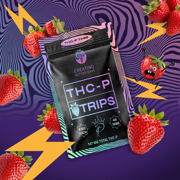Creating Better Days Strawberry THCP Tabs packaging and promotional images featuring strawberry flavor, 3mg THC-P per tab, 49 tabs per pouch, and product highlights for sublingual use.