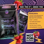 Creating Better Days Strawberry THCP Tabs packaging and promotional images featuring strawberry flavor, 3mg THC-P per tab, 49 tabs per pouch, and product highlights for sublingual use.