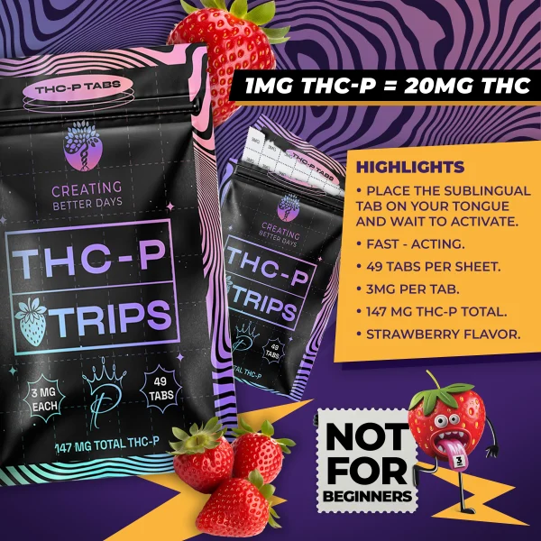 Creating Better Days Strawberry THCP Tabs packaging and promotional images featuring strawberry flavor, 3mg THC-P per tab, 49 tabs per pouch, and product highlights for sublingual use.