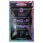 Creating Better Days Strawberry THCP Tabs packaging and promotional images featuring strawberry flavor, 3mg THC-P per tab, 49 tabs per pouch, and product highlights for sublingual use.