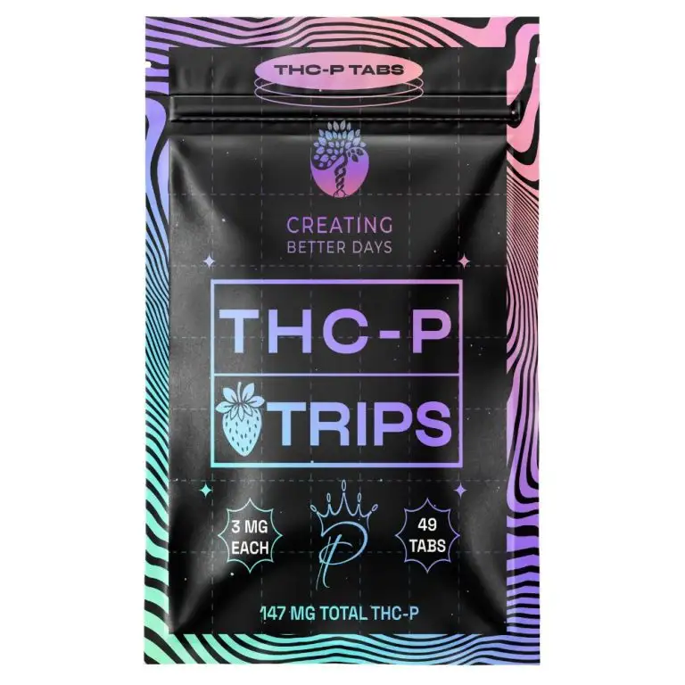 Creating Better Days Strawberry THCP Tabs packaging and promotional images featuring strawberry flavor, 3mg THC-P per tab, 49 tabs per pouch, and product highlights for sublingual use.