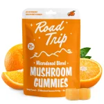 Front pouch of Microdosed Road Trip Mushroom Gummies in Rocket Pop flavor. The packaging highlights “Desert Stardust,” functional mushroom blend, and dosing guide for microdosed use.
