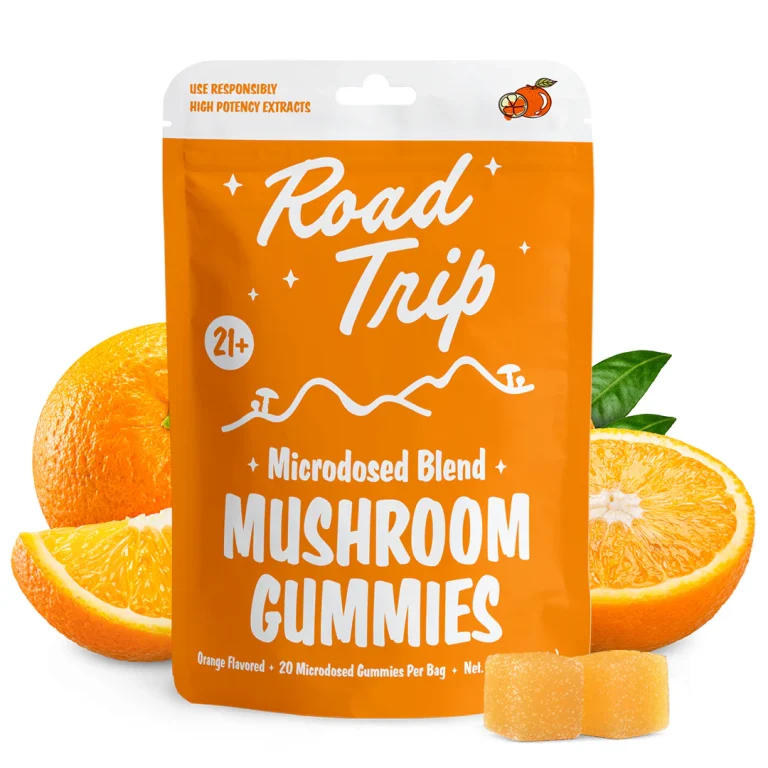 Front pouch of Microdosed Road Trip Mushroom Gummies in Rocket Pop flavor. The packaging highlights “Desert Stardust,” functional mushroom blend, and dosing guide for microdosed use.