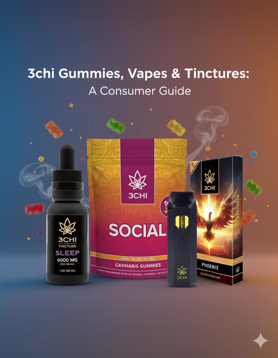 "A product image showing a 3chi Sleep Tincture, a bag of 3chi Social Gummies, and a 3chi Phoenix vape with the title '3chi Gummies, Vapes & Tinctures: A Consumer Guide