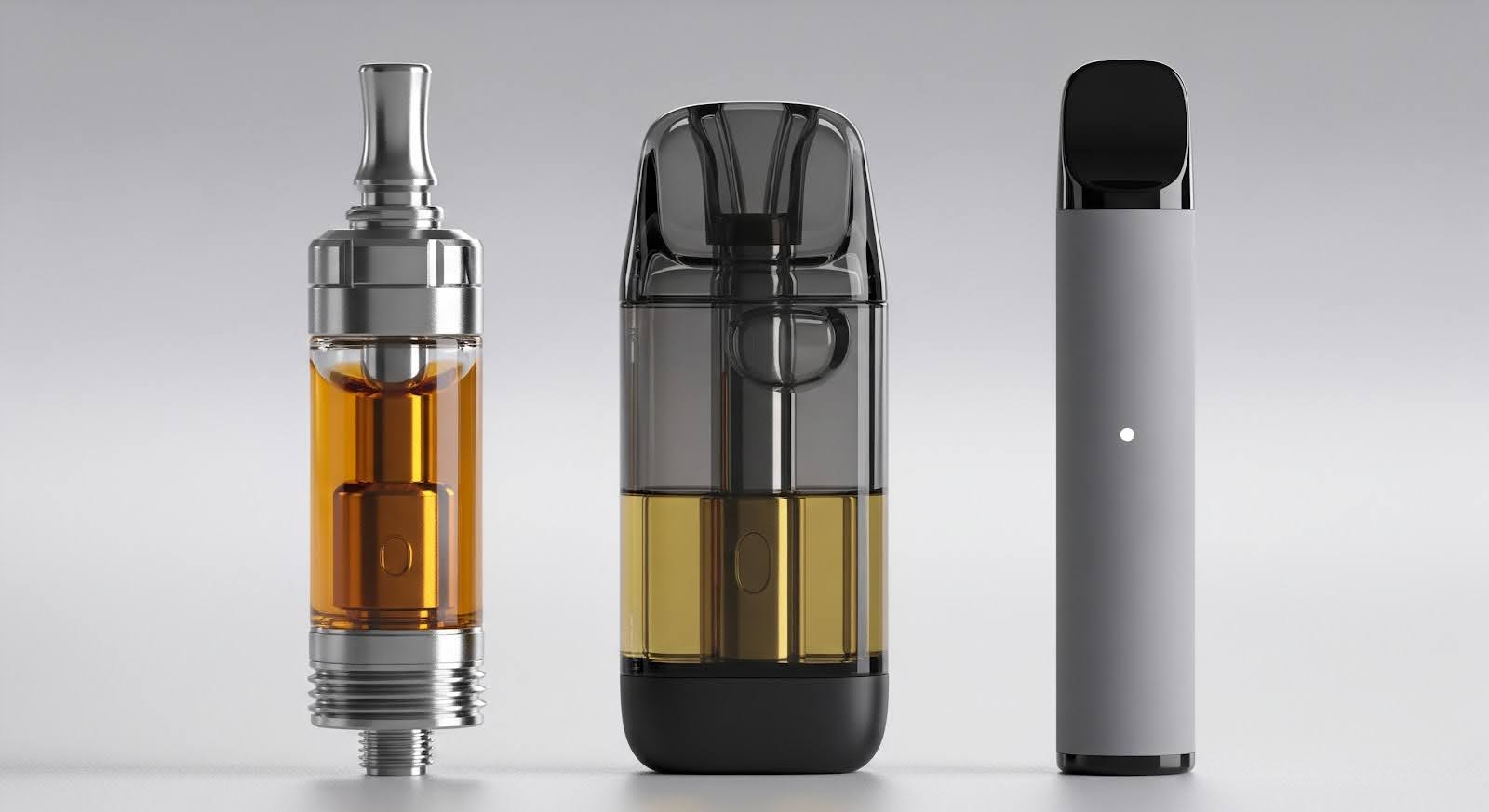 A close-up of three vape devices arranged side by side on a neutral background: a metal 510-thread cartridge filled with amber oil, a transparent pod-style cartridge partially filled with golden liquid, and a sleek gray disposable vape pen with a small indicator light. The image highlights different vape cartridge types.