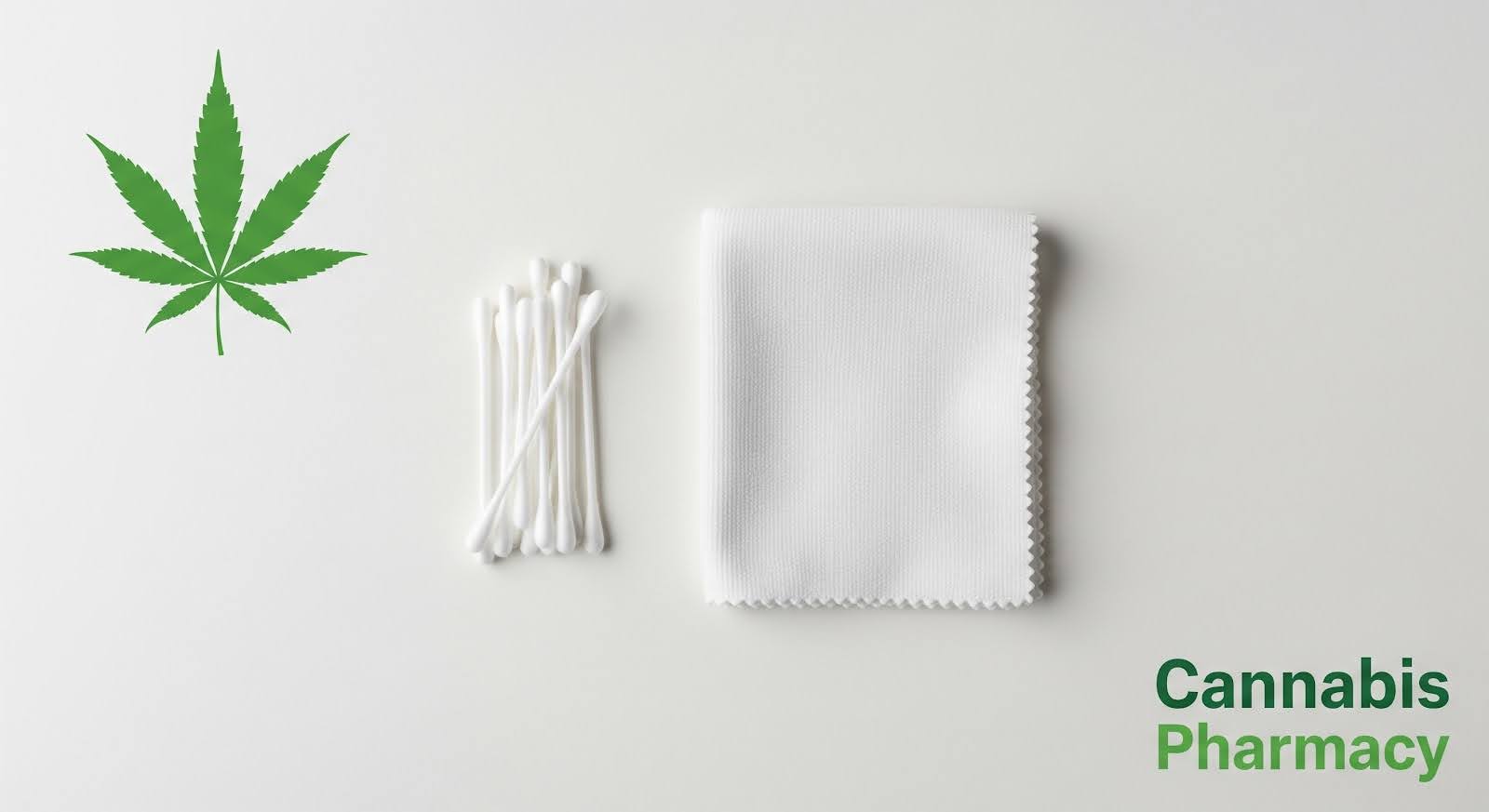 A neatly arranged set of cleaning tools on a white surface, including several cotton swabs and a folded microfiber cloth. A green cannabis leaf icon appears on the left, and the text “Cannabis Pharmacy” is displayed in green at the bottom right, symbolizing proper care and maintenance practices for cannabis products or devices.