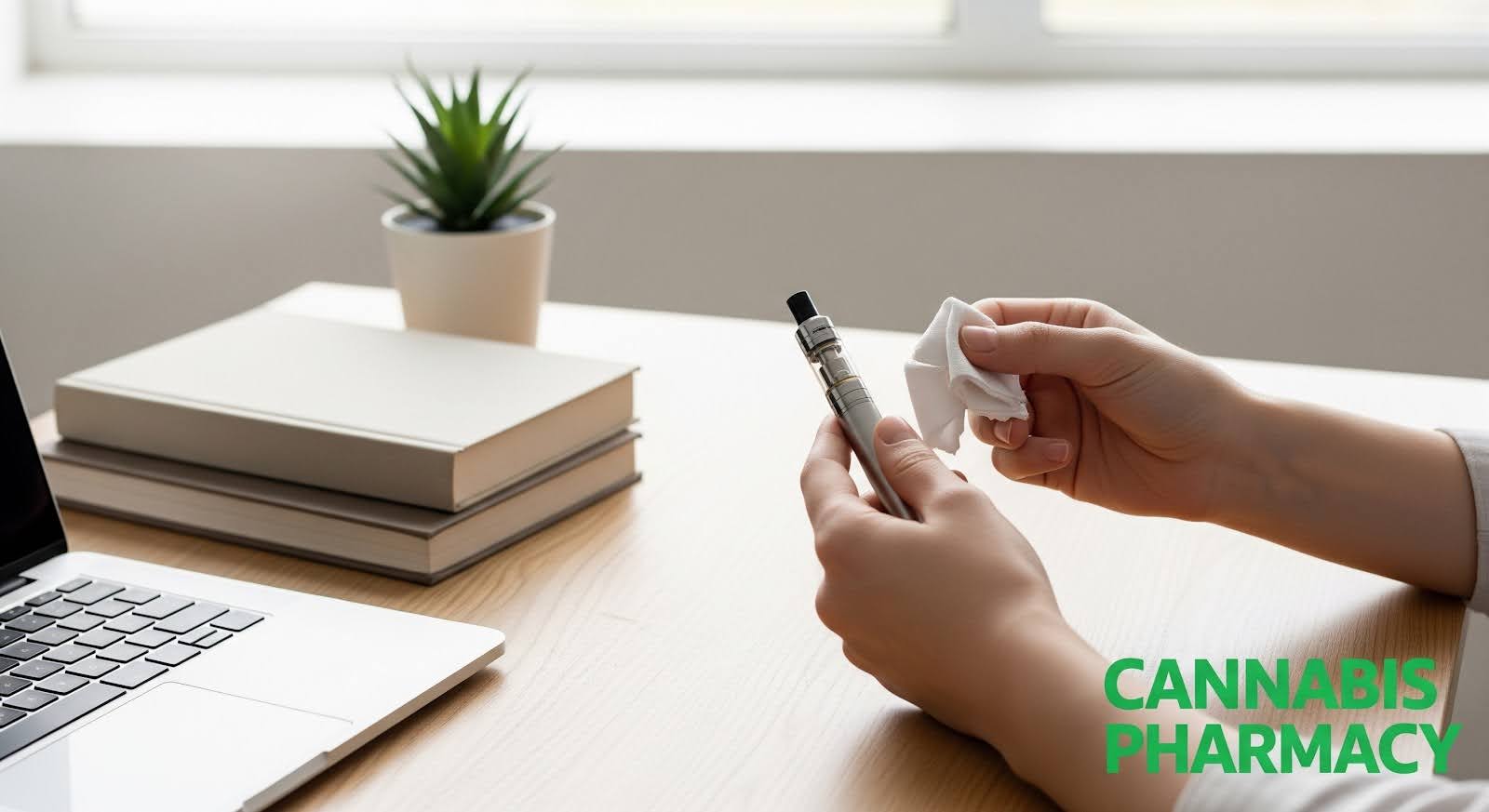 A person cleaning a silver vape pen with a cloth while seated at a desk with a laptop, books, and a small potted plant in the background. The text “Cannabis Pharmacy” appears in green at the bottom right, illustrating proper maintenance and care for weed vape pens.