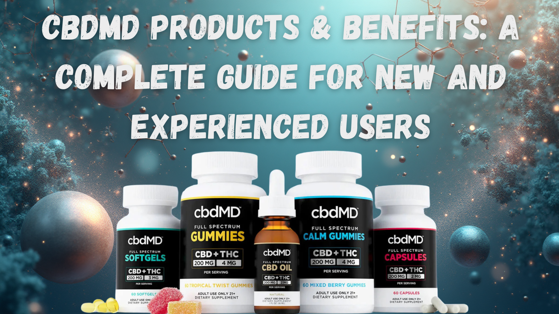 Promotional image for cbdMD products showing bottles of full spectrum CBD+THC softgels, gummies, calm gummies, CBD oil, and capsules against a teal molecular background, with the text ‘CBDmd Products & Benefits: A Complete Guide for New and Experienced Users’ displayed in bold white letters.