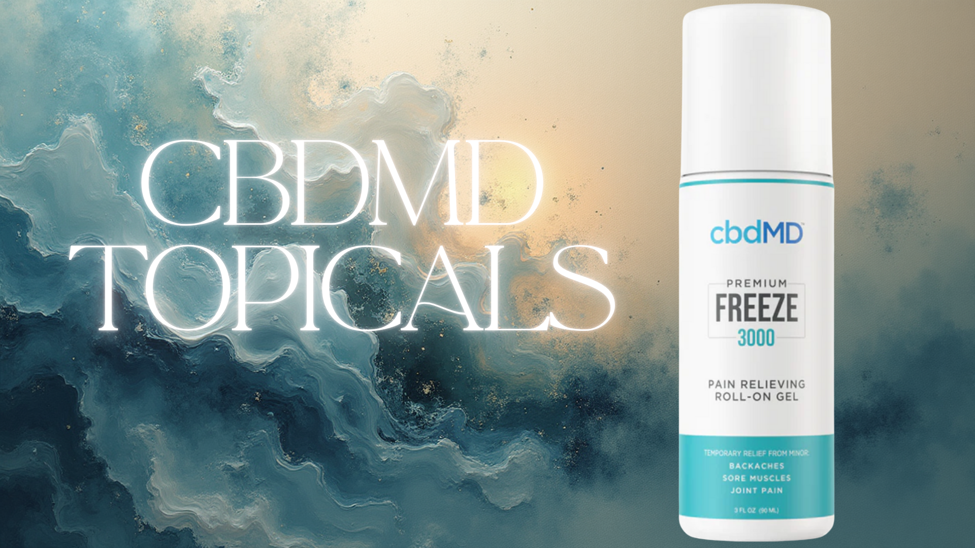 A product image of cbdMD Premium Freeze 3000 pain-relieving roll-on gel, displayed against a soft abstract blue and beige background with swirling patterns. The text “CBDMD TOPICALS” appears in large glowing letters beside the product. The label on the bottle highlights relief for backaches, sore muscles, and joint pain.