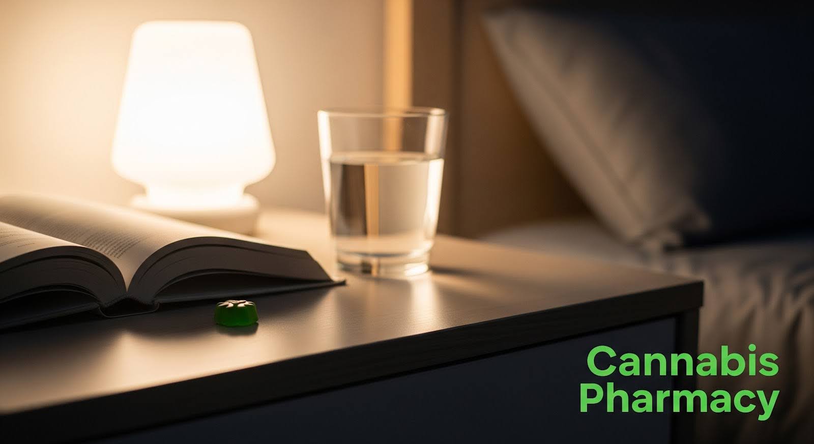 A cozy bedside scene featuring an open book, a green gummy, and a glass of water on a nightstand next to a softly glowing lamp and a neatly made bed. The text “Cannabis Pharmacy” appears in green at the bottom right, suggesting the use of CBD products for improved sleep and relaxation.
