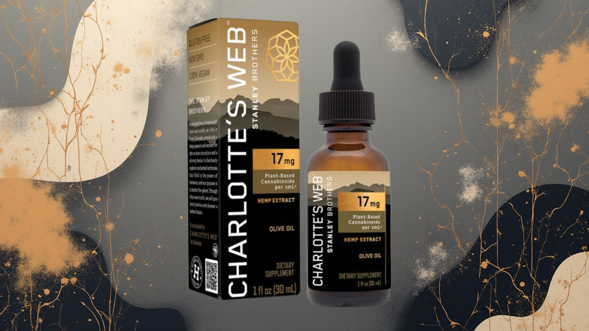 A bottle and box of Charlotte’s Web Hemp Extract CBD Oil, labeled “17 mg Plant-Based Cannabinoids per mL” and “Olive Oil,” displayed against a modern abstract background with gold and gray paint splashes. The packaging highlights features such as gluten-free, non-GMO, and 100% vegan.