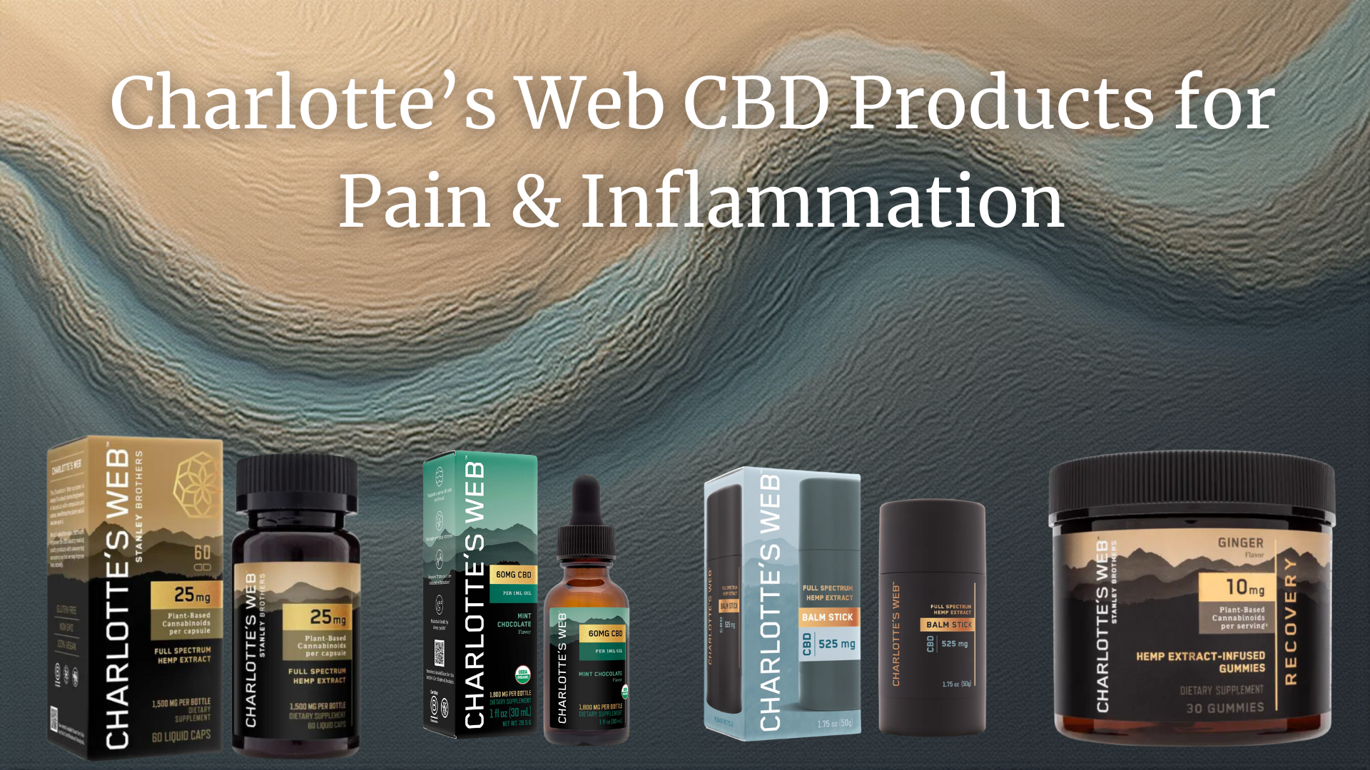 Image displaying a selection of Charlotte’s Web CBD products for pain and inflammation. The products include CBD capsules, CBD oil tinctures, a balm stick, and recovery gummies. Each item is shown in its branded packaging with dark green, brown, and gold tones. The background features an abstract, textured design in shades of beige, blue, and teal with the title text “Charlotte’s Web CBD Products for Pain & Inflammation” written across the top.