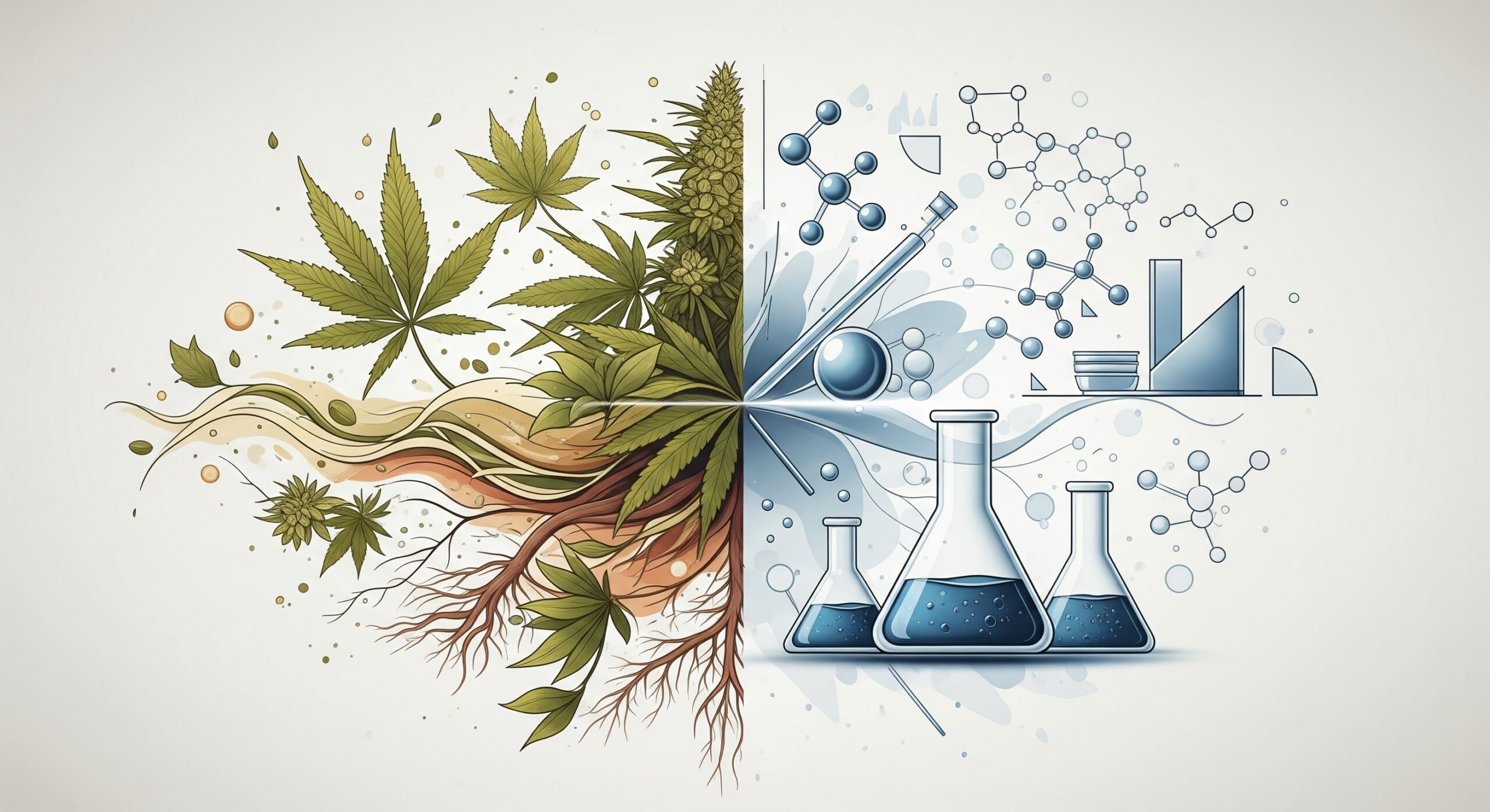 Artistic illustration showing the fusion of nature and science, with the left half depicting a cannabis plant with roots, leaves, and buds in earthy tones, and the right half representing scientific research with flasks, molecular structures, and chemical symbols in cool blue hues. The two sides merge seamlessly at the center, symbolizing the intersection of natural biology and laboratory science.